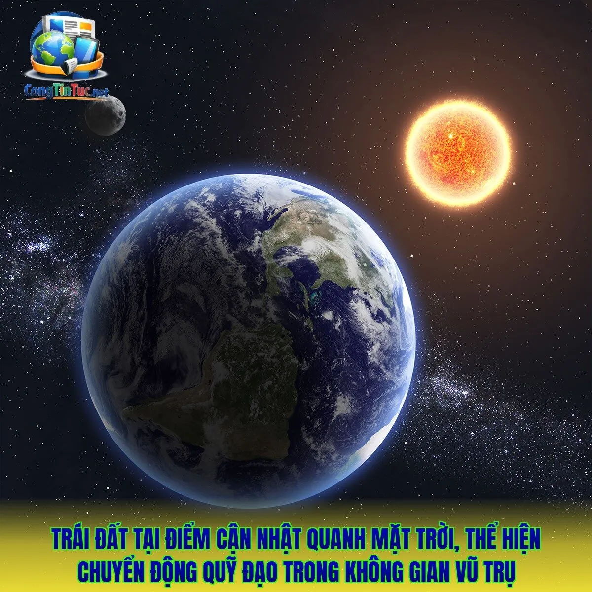 Trái Đất tại điểm cận nhật quanh Mặt Trời, thể hiện chuyển động quỹ đạo trong không gian vũ trụ