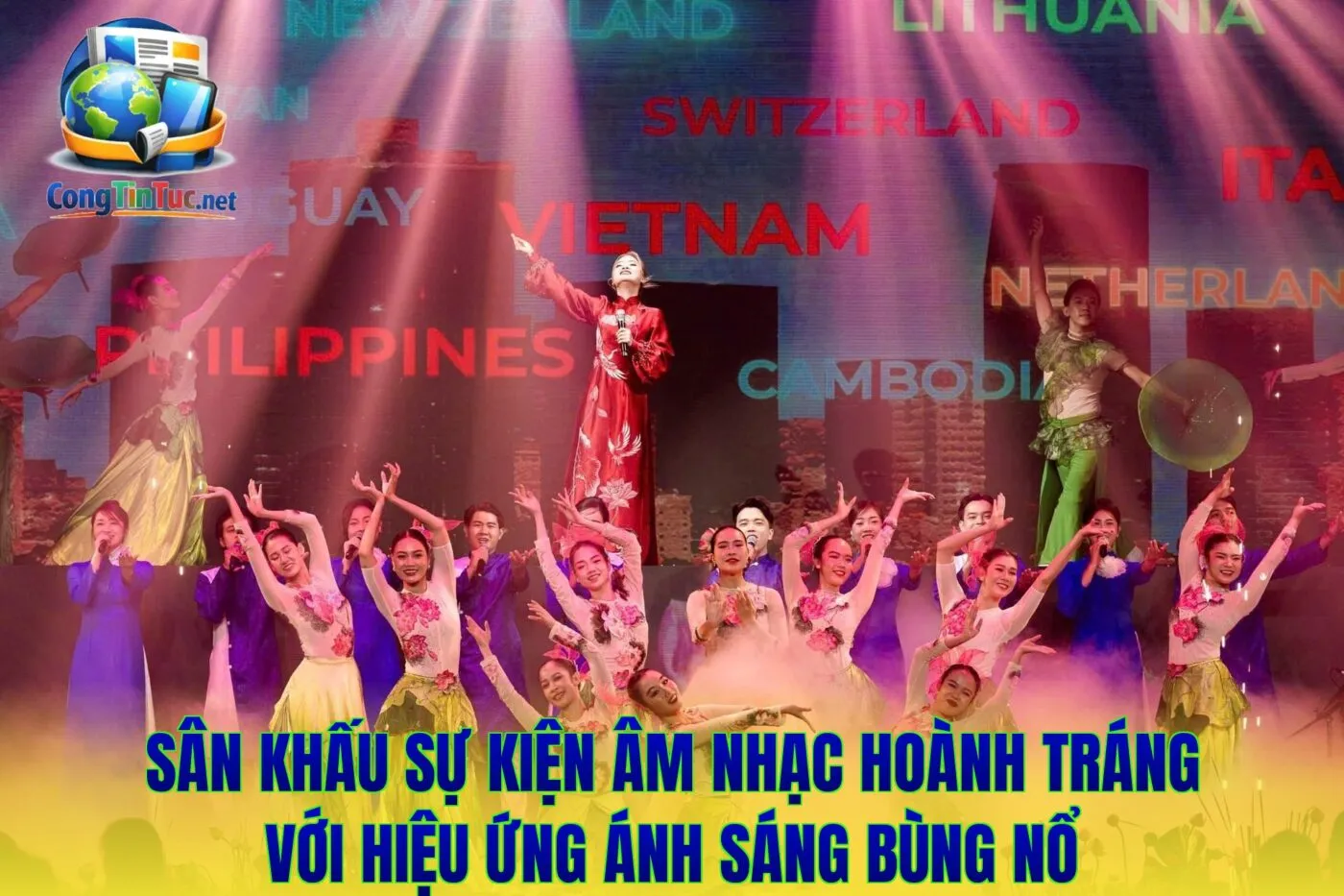 Sân khấu sự kiện âm nhạc hoành tráng với hiệu ứng ánh sáng bùng nổ